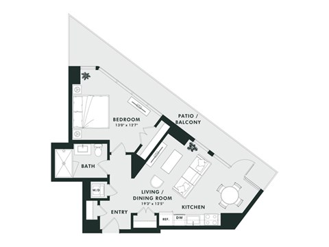 Floor plan for 1 bed, 1 bath, 607 sqft